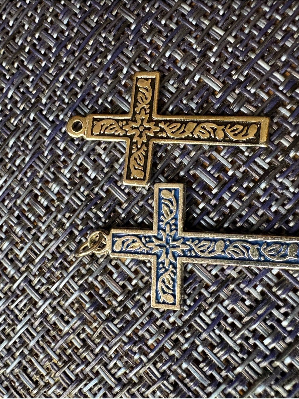 Ornate Double Cross Pendant Set - Silver with Blue Enamel